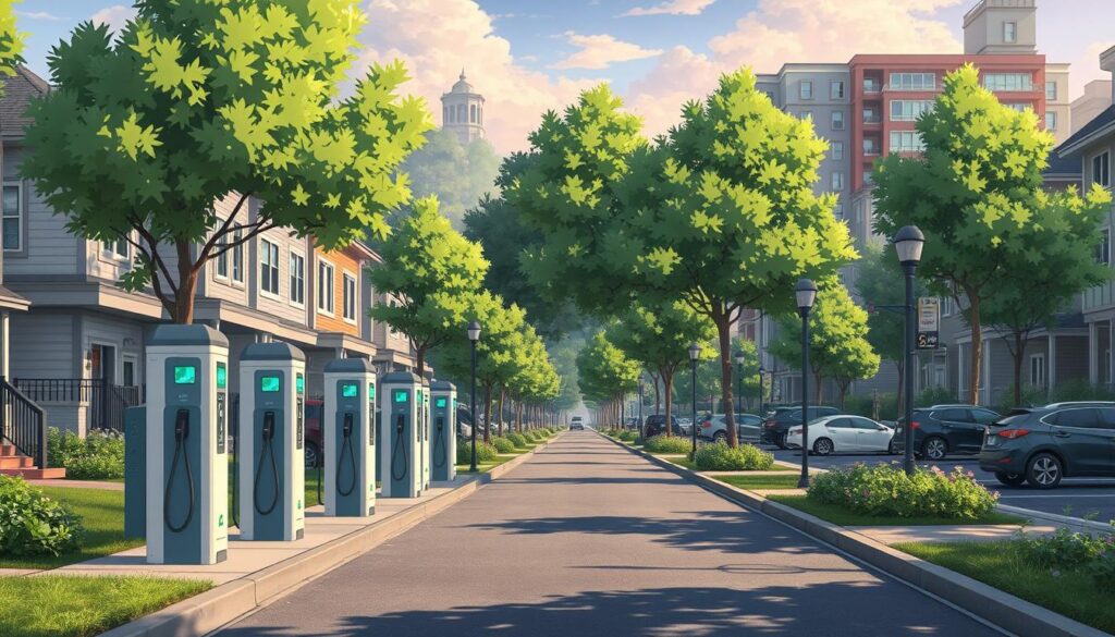 Electric vehicle charging stations in a modern neighborhood setting